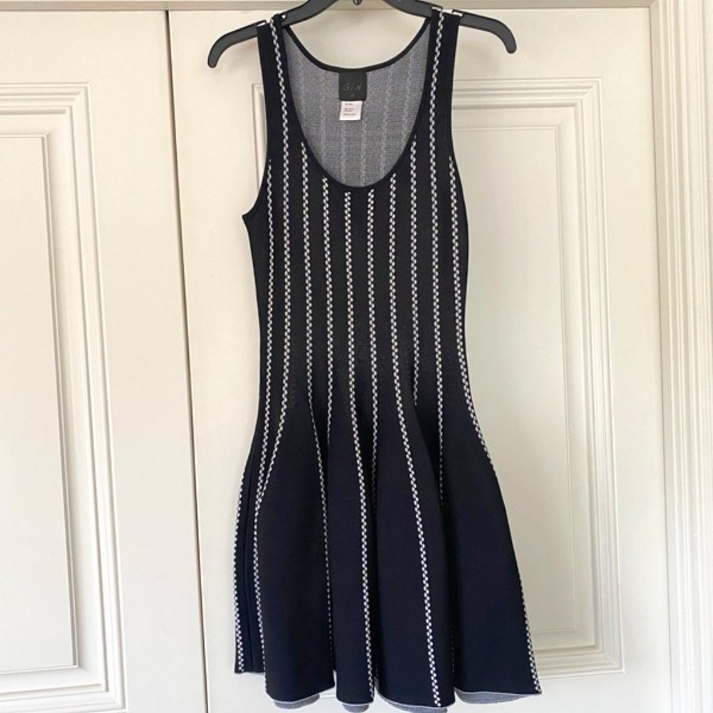 Black Knit Dress with Vertical White Stripes - M